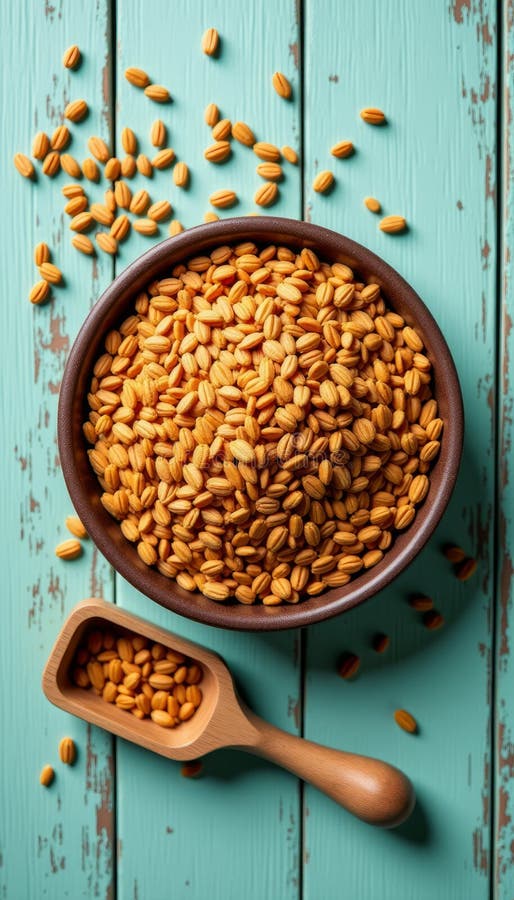 Healthy Golden Brown Flax Seeds på Rustic Light Teal Wooden Background vektor illustrationer