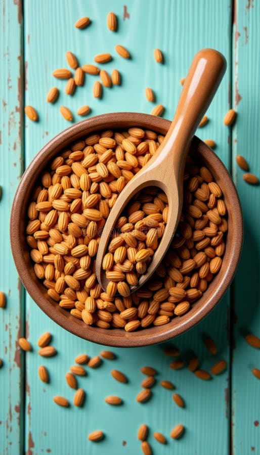 Healthy Golden Brown Flax Seeds på Rustic Light Teal Wooden Background vektor illustrationer