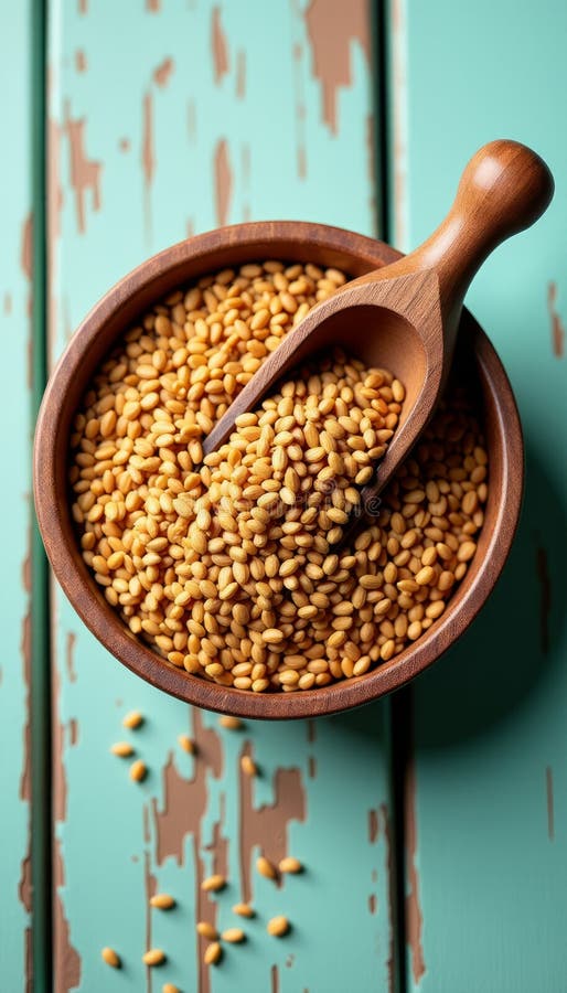 Healthy Golden Brown Flax Seeds på Rustic Light Teal Wooden Background vektor illustrationer