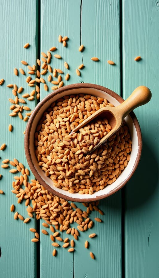 Healthy Golden Brown Flax Seeds på Rustic Light Teal Wooden Background royaltyfri illustrationer