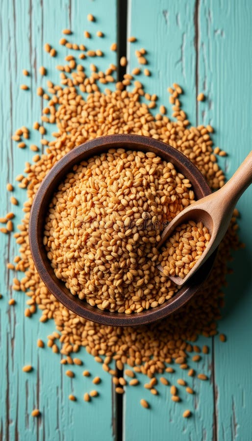 Healthy Golden Brown Flax Seeds på Rustic Light Teal Wooden Background royaltyfri illustrationer