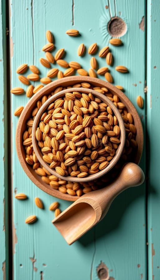 Healthy Golden Brown Flax Seeds på Rustic Light Teal Wooden Background stock illustrationer
