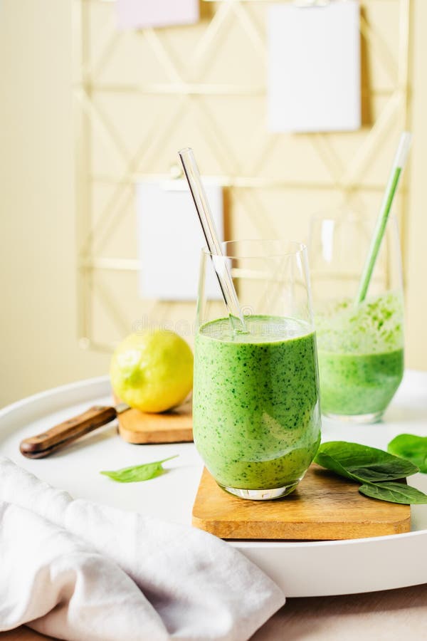 Healthy Green Smoothie, Spinach, Lemon Stock Image Image of green
