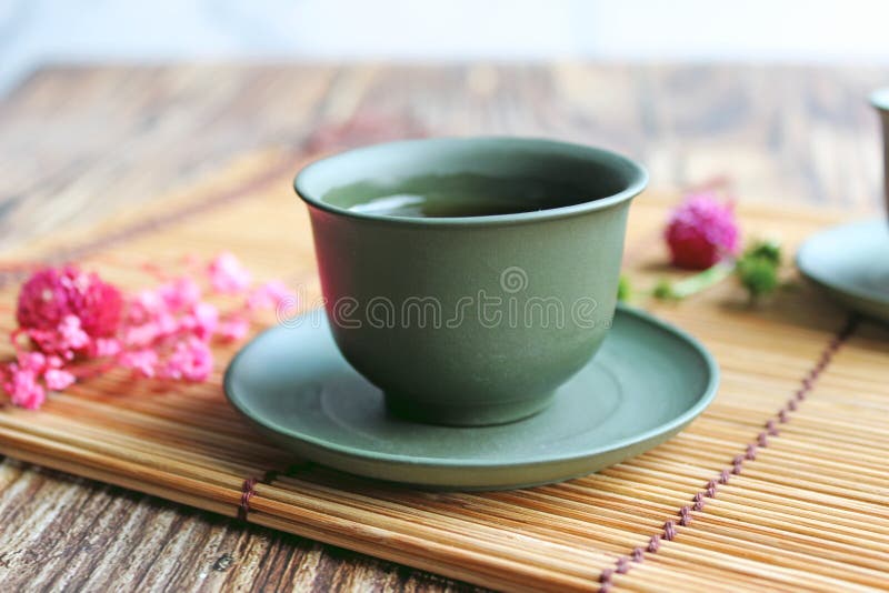 Healthy Green Tea Cup with Tea Leaves and Flowers Stock Image Image