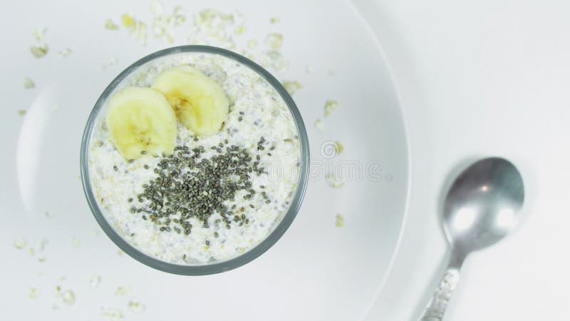 Healthy Homemade Overnight Oats Oatmeal with Chia and Bananas in a Glass royalty free stock image Healthy Homemade Overnight Oats Oatmeal with Chia and Bananas in a Glass royalty free stock image