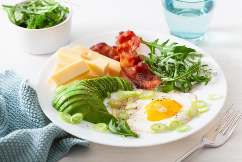 Keto Breakfast with Avocado, Fried Eggs, Bacon, and Beans. Paleo Keto