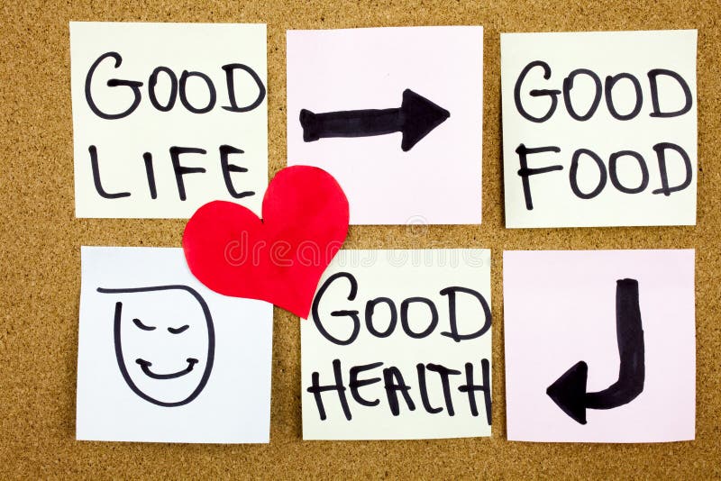 healthy lifestyle concept - good food, health and life - reminder words handwritten of sticky notes with red heart