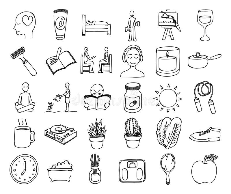 Healthy Lifestyle Doodle Vector Icon Set Drawing Sketch Illustration