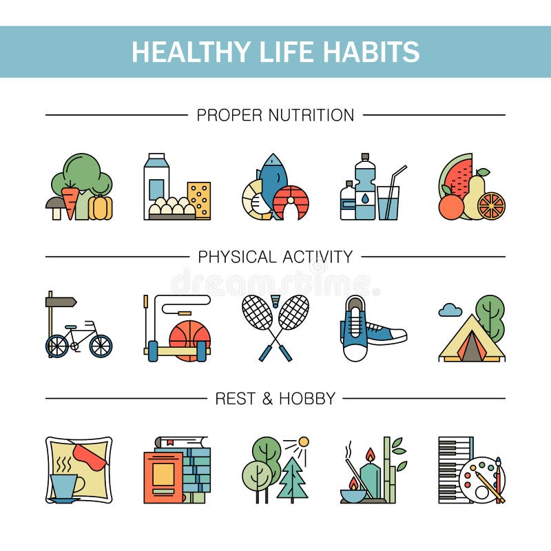 Healthy lifestyle habits colorful line vector icons . Proper nutrition fruit vegetables water seafood. Physical activity sport outdoor exercise fitness. Rest and hobby sleep reading spa