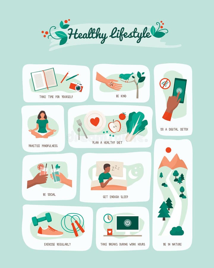 Healthy lifestyle and self-care infographic. Healthy lifestyle and self care vector infographic with tips for a balanced healthy living
