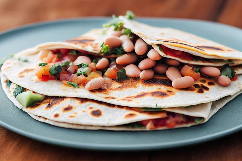 Healthy Mexican Snack Quesadillas with Beans and Corn in Tortilla Stock