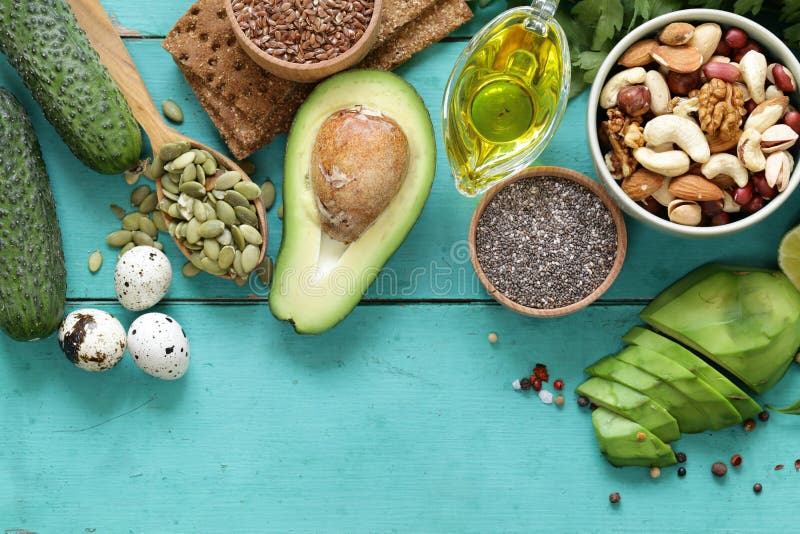 Healthy and nutrition food - avocado, chia and flax seeds stock images Healthy and nutrition food - avocado, chia and flax seeds stock images