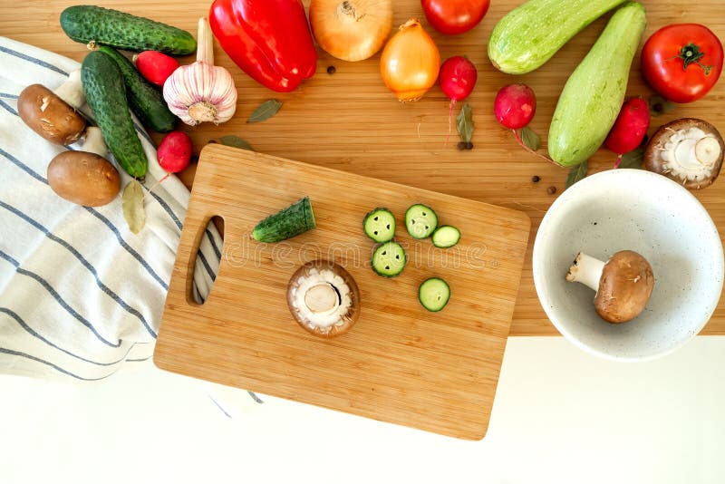 Healthy Nutrition Salad Preparing Concept. Various Vegetables on the