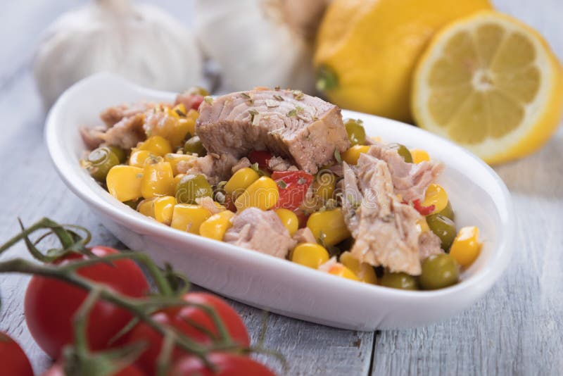 Tuna salad with vegetables stock image. Image of photograph 168981839
