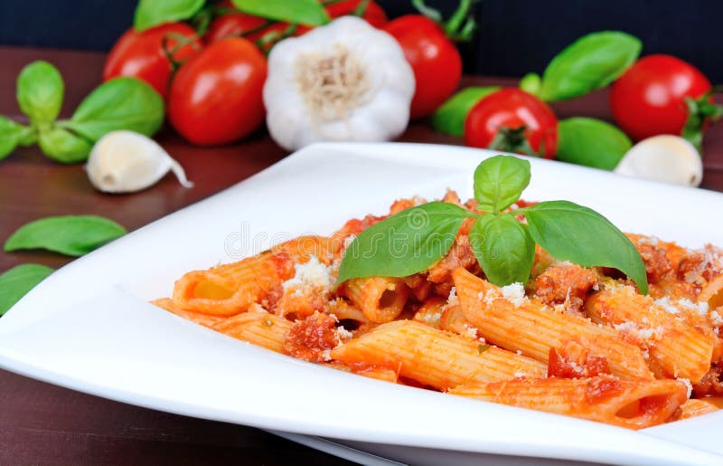 Healthy Pasta with Tomato Sauce,parmesan and Basil Stock Photo - Image