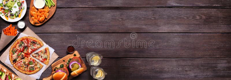 Healthy Plant Based Fast Food Corner Border. Top View on a Dark Wood Banner  Background. Copy Space. Stock Image - Image of delivery, bean: 212598651
