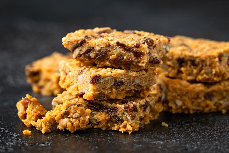 Healthy Protein Granola Flapjack Snack Bars with Seeds and Nuts Stock