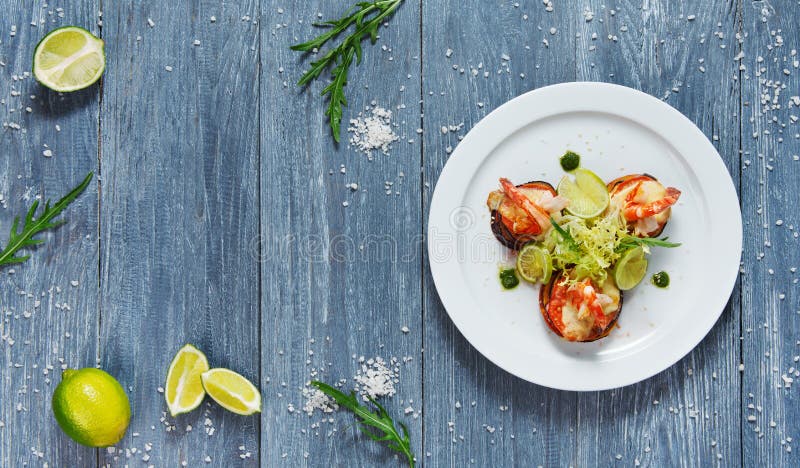 Healthy restaurant food. Ratatoille with shrimp stock image Healthy restaurant food. Ratatoille with shrimp stock image