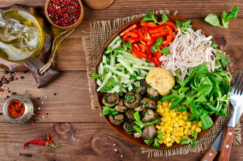 Healthy Salad Bowl with Chicken, Mushrooms, Corn, Cucumbers, Sweet ...