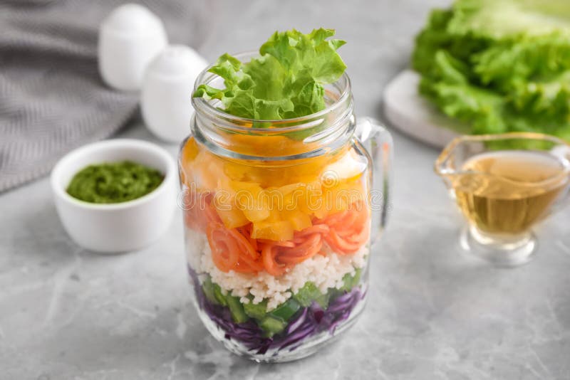 Healthy Salad in Glass Jar on Table Stock Image Image of glass, meal
