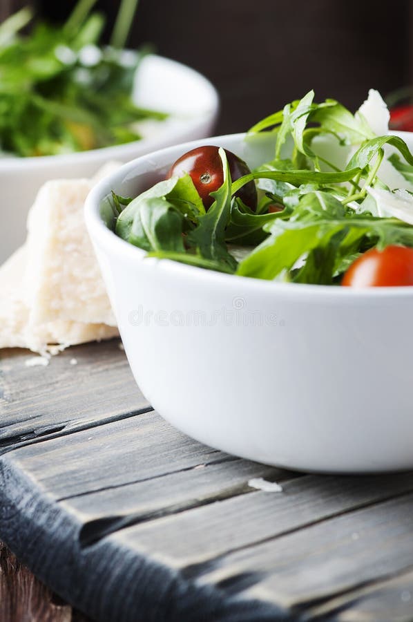 Healthy Salad with Rocket, Tomato and Parmesan Cheese Stock Photo Image of diet, dinner 68086006