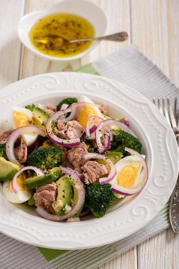 Healthy Salad with Tuna, Eggs and Broccoli. Stock Image Image of
