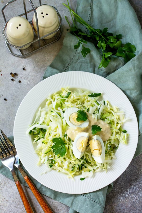 Healthy Salad. Vegan Salad with Cabbage, Eggs, Cucumber, Coriander and ...