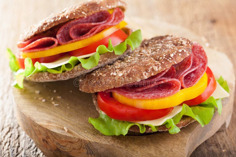 Healthy Salami Sandwich with Tomato Pepper and Lettuce Stock Photo
