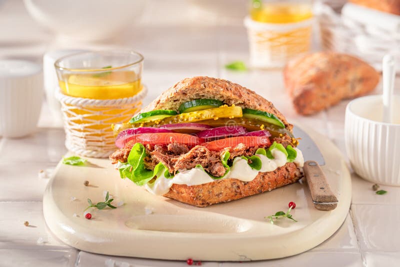 Healthy Sandwich Made of Vegetables and Beef Stock Photo - Image of