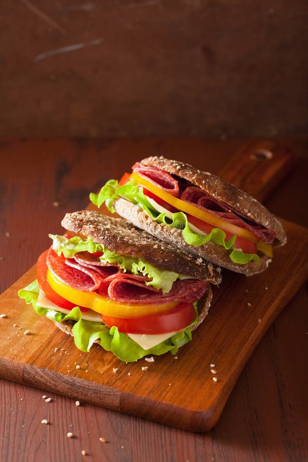 Healthy Sandwich with Salami Tomato Pepper and Lettuce Stock Image