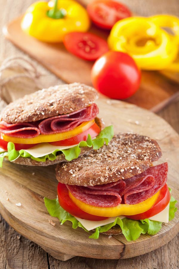 Healthy Sandwich with Salami Tomato Pepper and Lettuce Stock Image