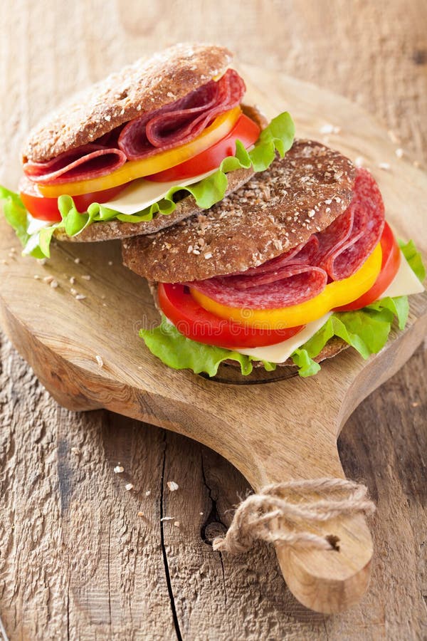 Healthy Sandwich with Salami Tomato Pepper and Lettuce Stock Photo
