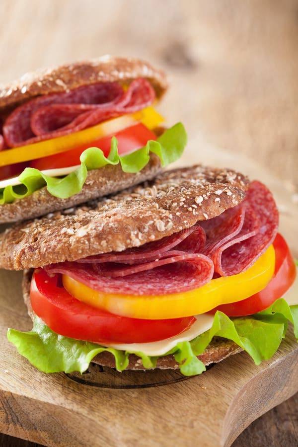 Healthy Sandwich with Salami Tomato Pepper and Lettuce Stock Image
