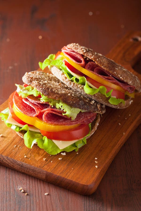 Healthy Sandwich with Salami Tomato Pepper and Lettuce Stock Image