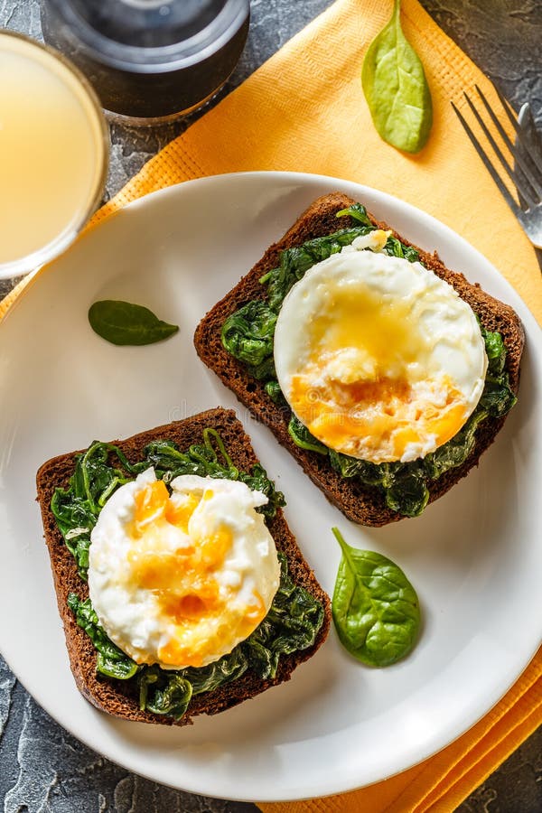 Healthy Sandwich with Spinach and Poached Eggs Stock Image Image of