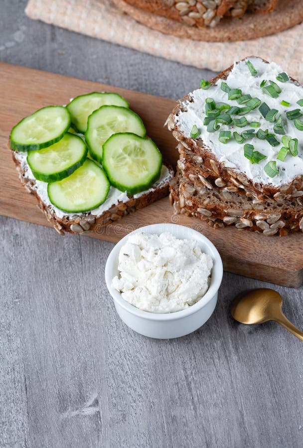 Healthy Sandwich with White Cottage Cheese and Cucumber Stock Photo