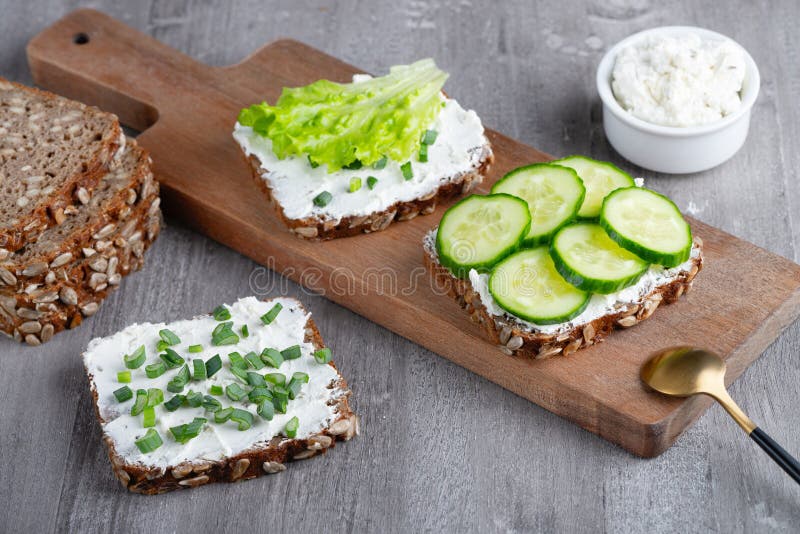 Healthy Sandwich with White Cottage Cheese and Cucumber. Stock Photo