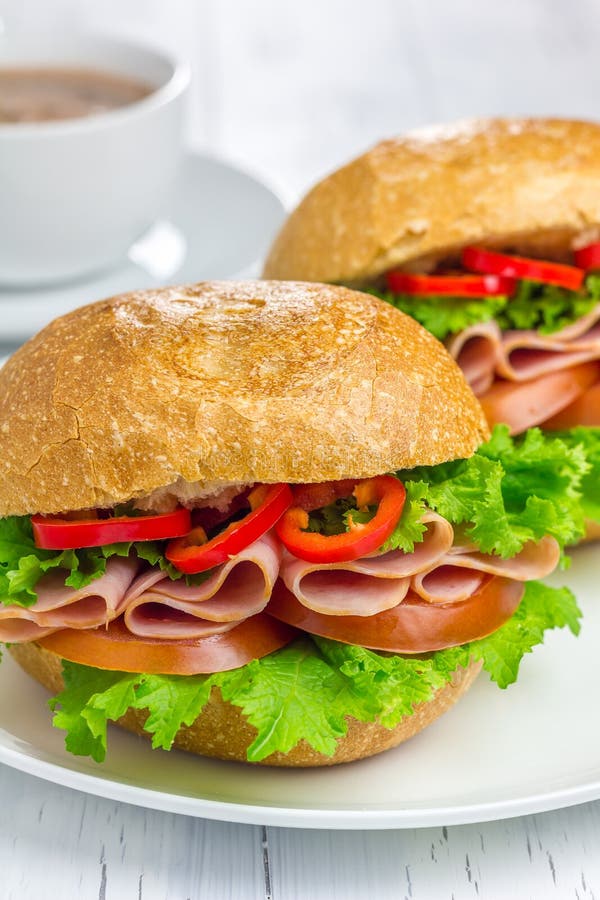 Healthy Sandwiches with Ham and a Cup of Hot Chocolate Stock Photo