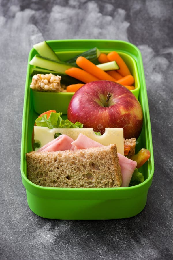 Healthy School Lunch Box: Sandwich, Vegetables ,fruit and Juice Stock ...