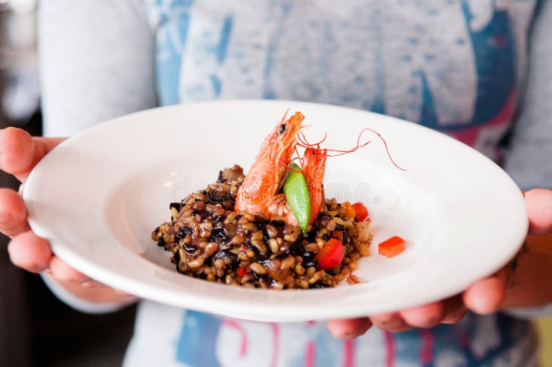 Healthy Shrimp Risotto with Tomatoes a a White Plate. Stock Image Image of tomatoes, cherry