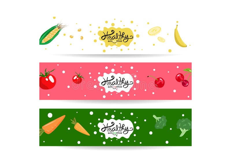 Healthy smoothie splashing, set of banner collection tag balance diet menu, colorful vegetables and fruits concept background royalty free illustration Healthy smoothie splashing, set of banner collection tag balance diet menu, colorful vegetables and fruits concept background royalty free illustration