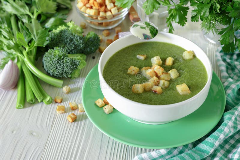 Healthy Soup Puree of Broccoli, Celery and Herbs with Croutons. Stock ...