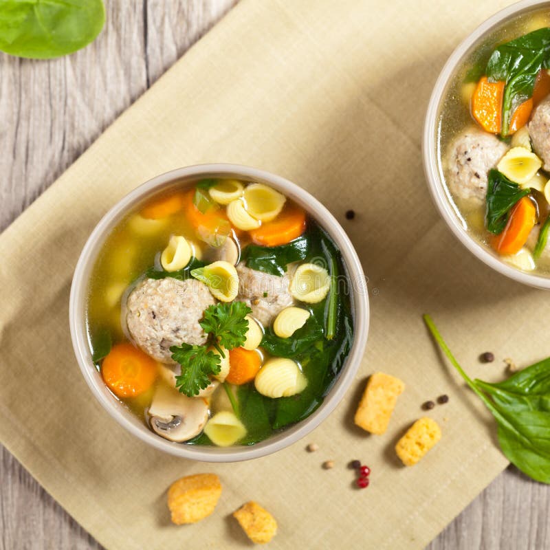 Healthy Spinach Soup with Meatball Soup Stock Photo Image of spoon
