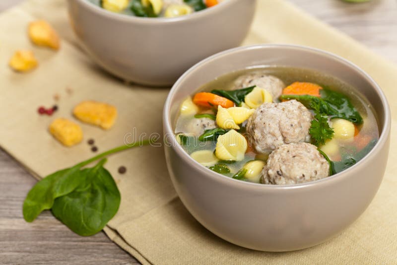 Healthy Spinach Soup with Meatball Soup Stock Photo Image of pork