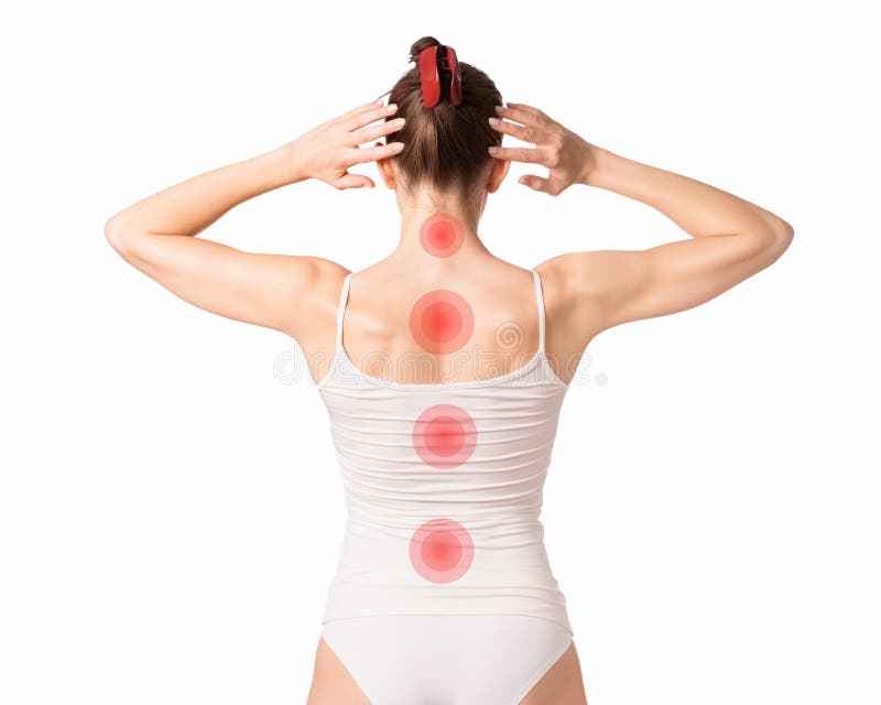 Healthy spine. Female body, human back in base white underwear. Woman keeps her hands behind her head, risk area are royalty free stock photography Healthy spine. Female body, human back in base white underwear. Woman keeps her hands behind her head, risk area are royalty free stock photography