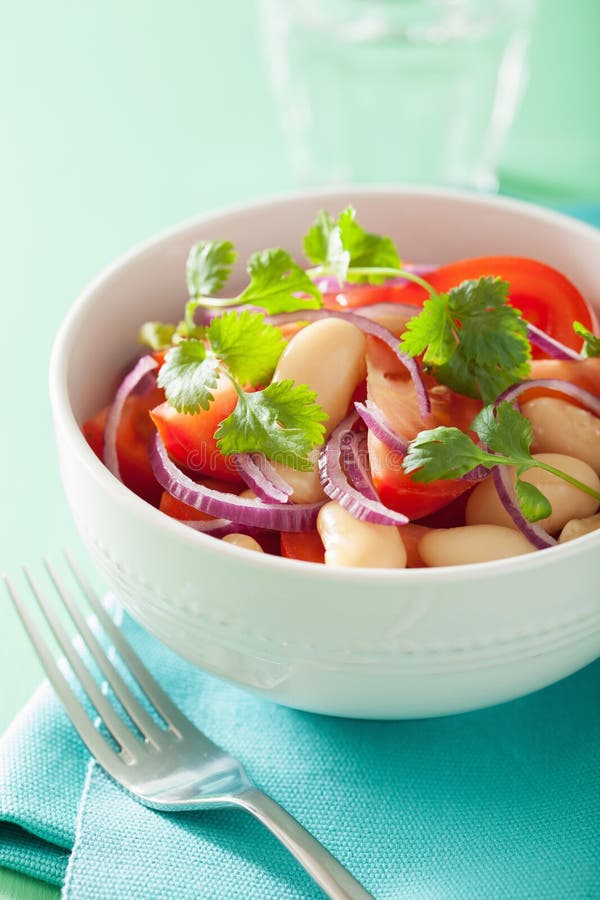 Healthy Tomato Salad with White Beans Onion Cilantro Stock Image