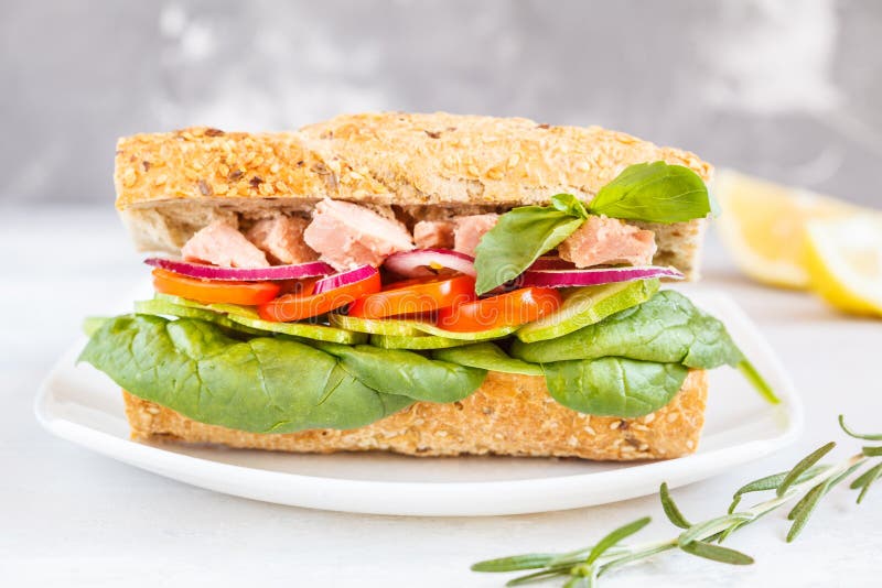 Healthy Tuna Sandwich with Vegetables and Rye Baguette Stock Photo Image of cucumber