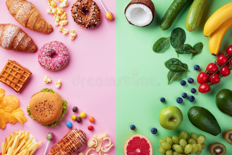 Healthy and Unhealthy Food Background from Fruits and Vegetables Vs Fast  Food,sweets and Pastry  and Detox Against Calorie Stock Image -  Image of food, fast: 186923769