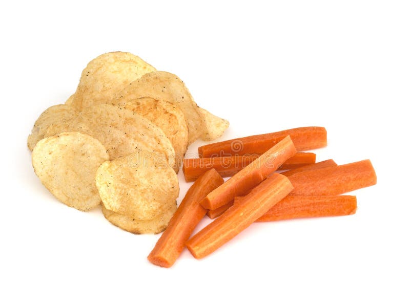 Healthy or Unhealthy Snack Raw Carrots of Potato Chips, Crisps Stock
