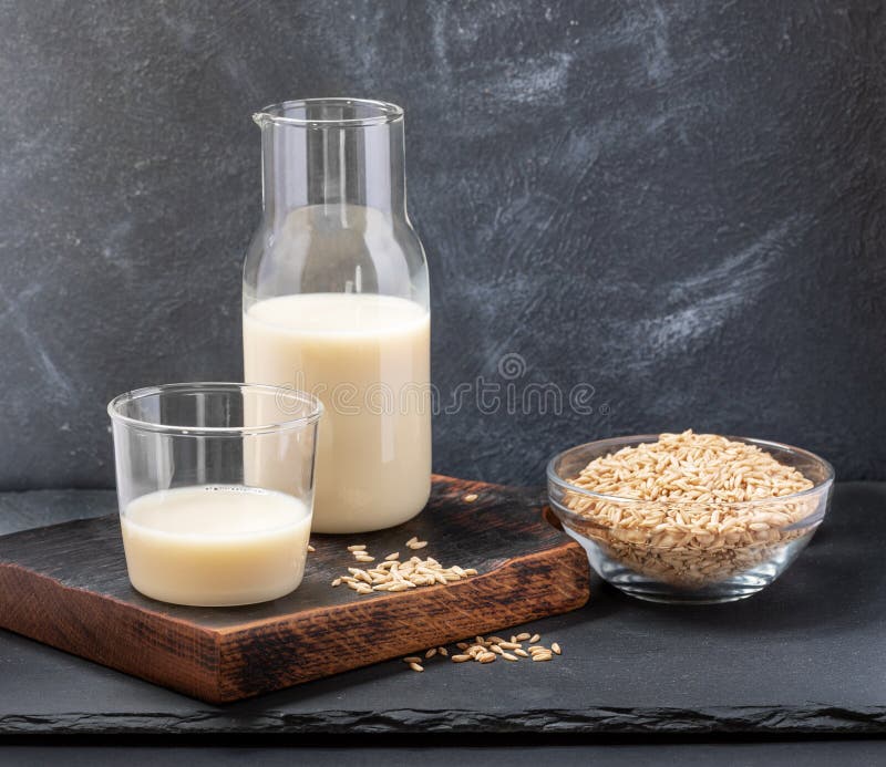 Healthy vegan dairy free oat milk in glass bottle and glass and oat seeds on glass bowl on grey background. royalty free stock photos Healthy vegan dairy free oat milk in glass bottle and glass and oat seeds on glass bowl on grey background. royalty free stock photos